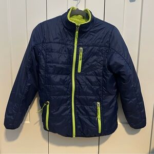 LL Bean Reversible Puffer Sherpa Fleece Kids Navy and Lime Green Jacket 14/16